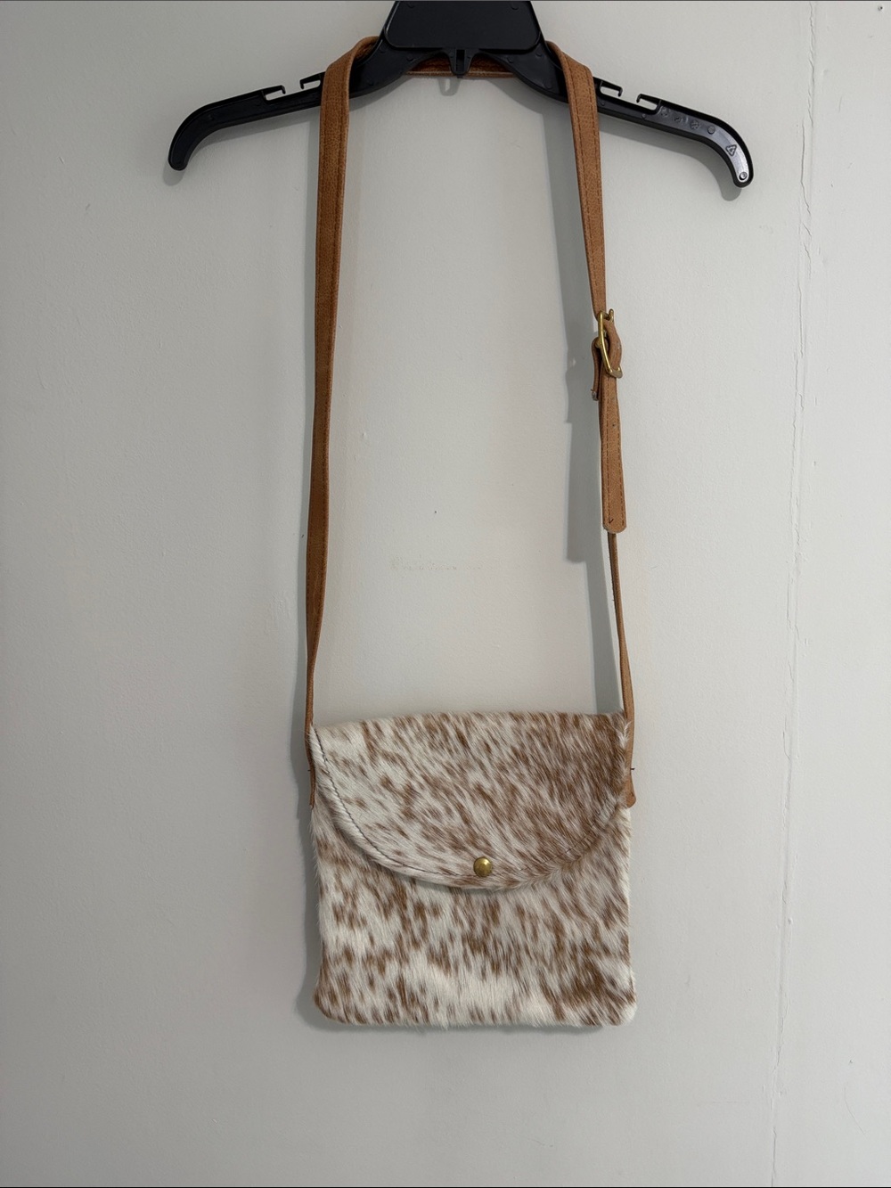 Leather Strap Cowhide Crossbody Bag in Brown & White
